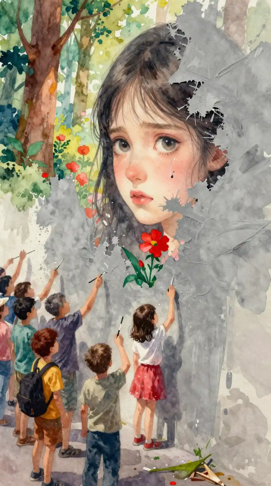 Watercolor girl uncovering a hidden red flower mural