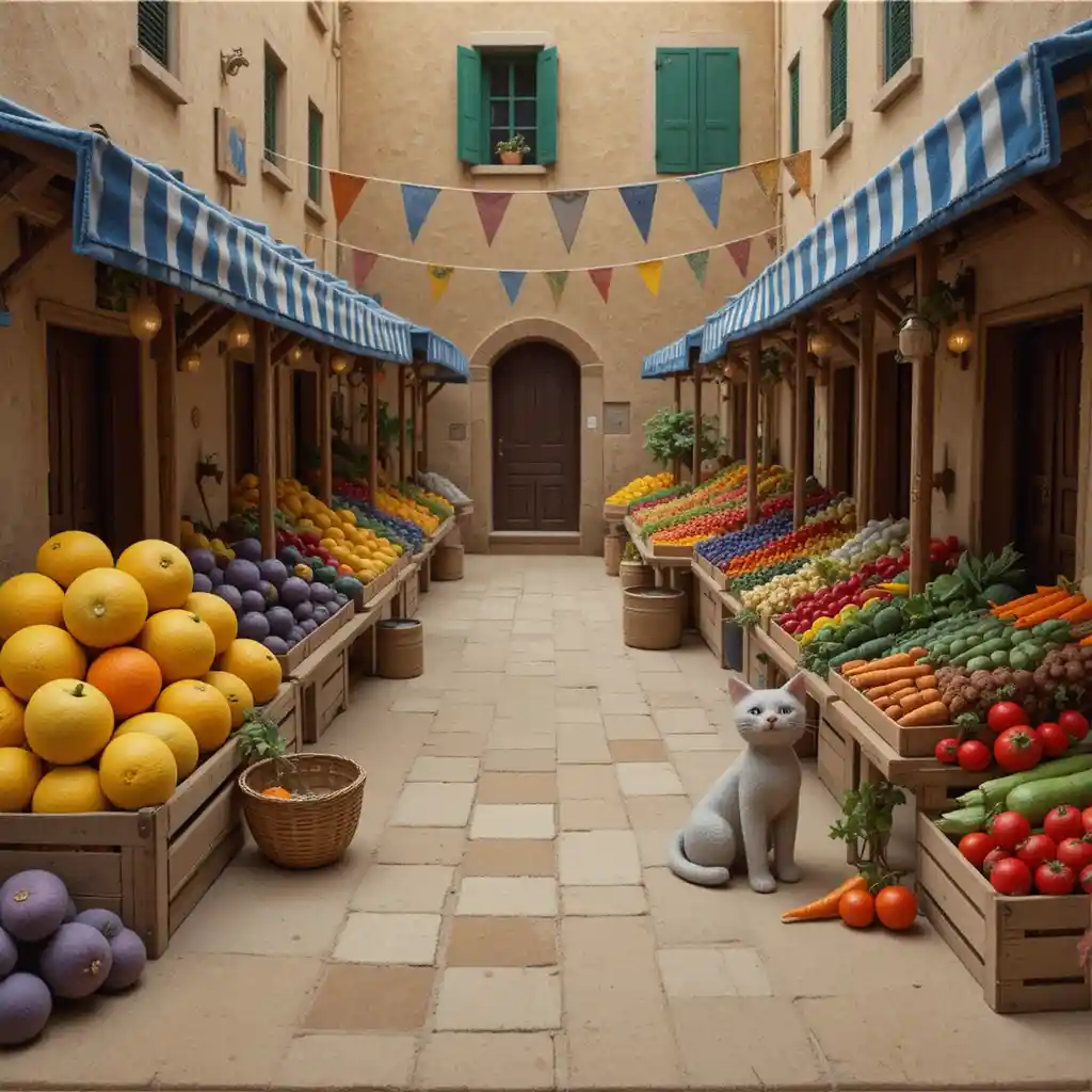Felt Mediterranean market corridor with colorful fruit stalls