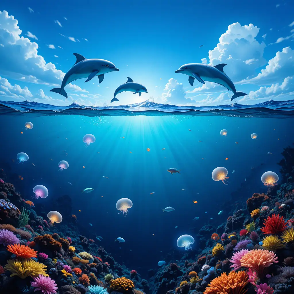 Delfines y medusas en una escena del Atlántico con vista dividida