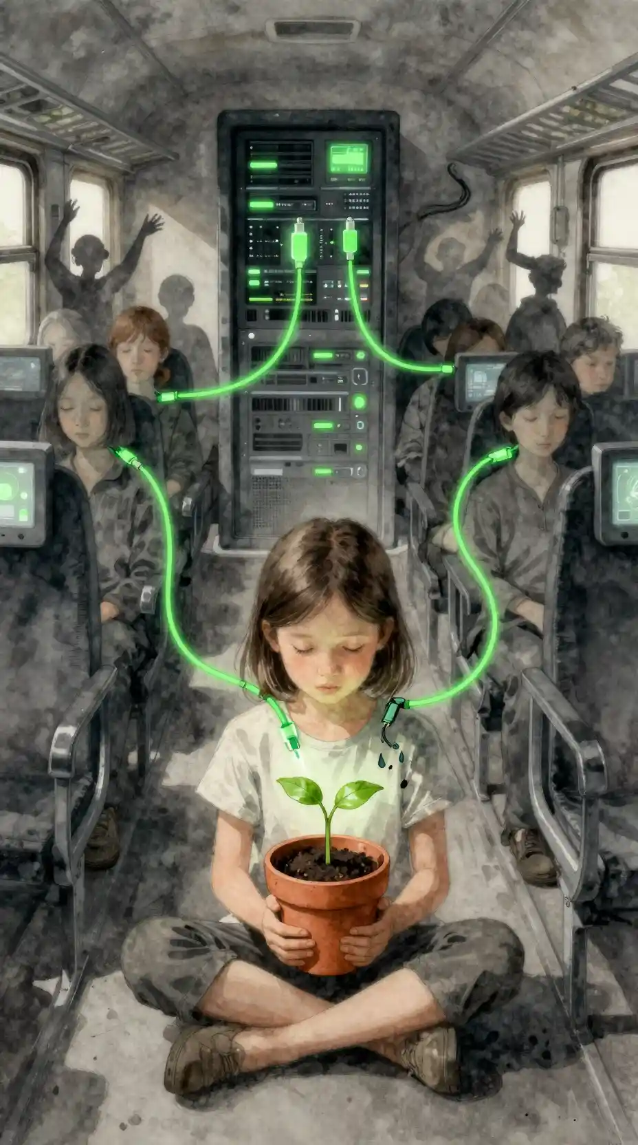 Watercolor girl on a dark train surrounded by glowing wires