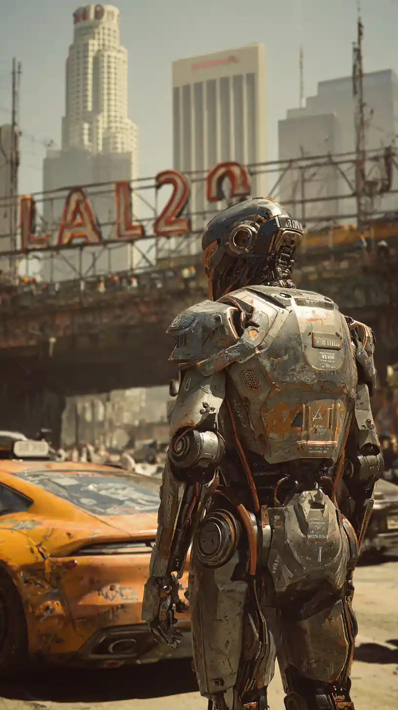 Cyborg che osserva il caotico skyline futuristico di Los Angeles