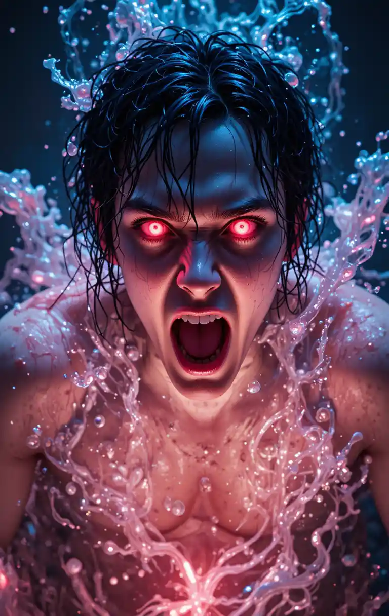 Mann mit leuchtend roten Augen schwimmt in dunkler Unterwasserszene