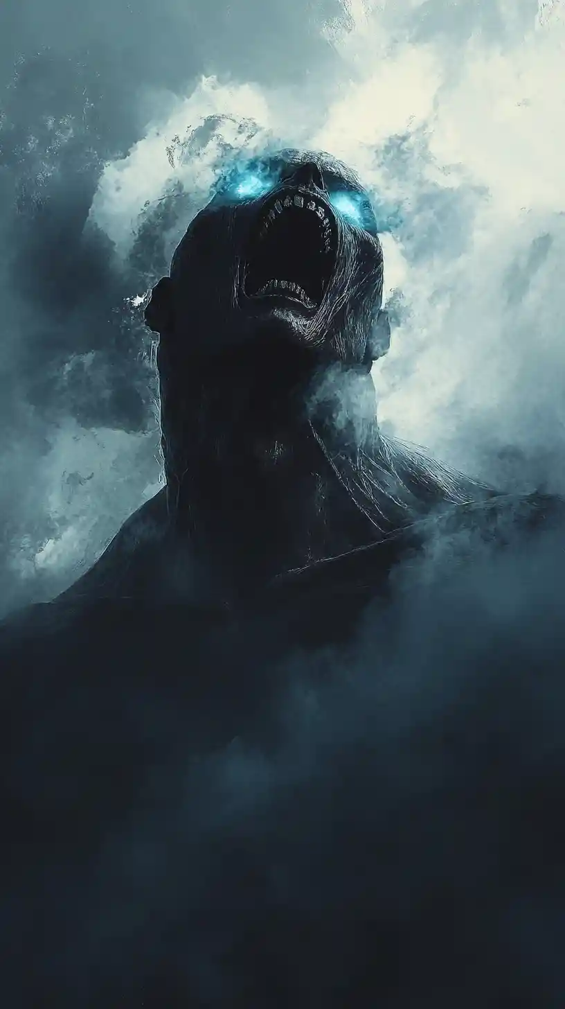 Roaring giant titan with glowing blue eyes in darkness