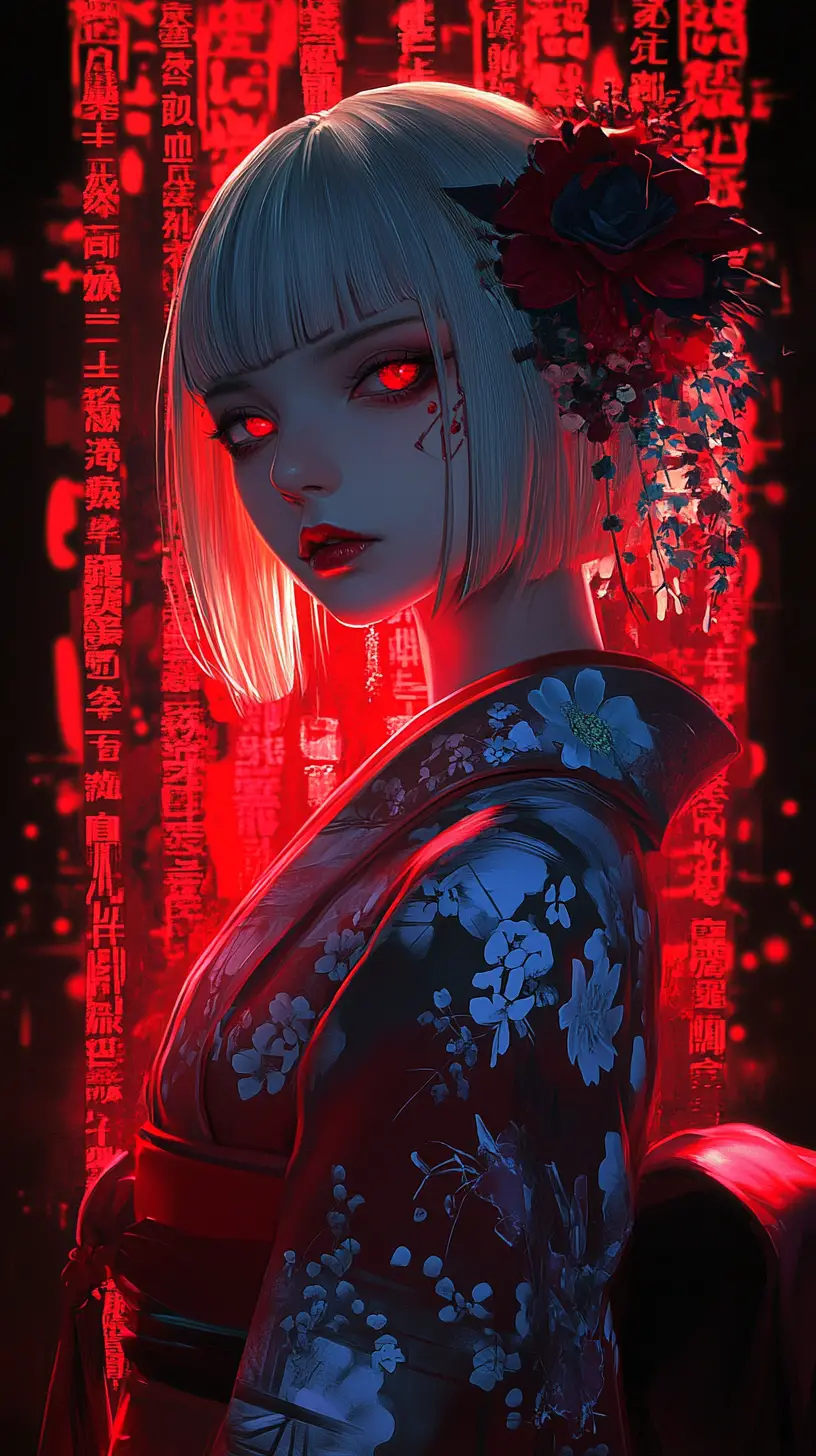 Donna anime in kimono rosso davanti a testo giapponese luminoso