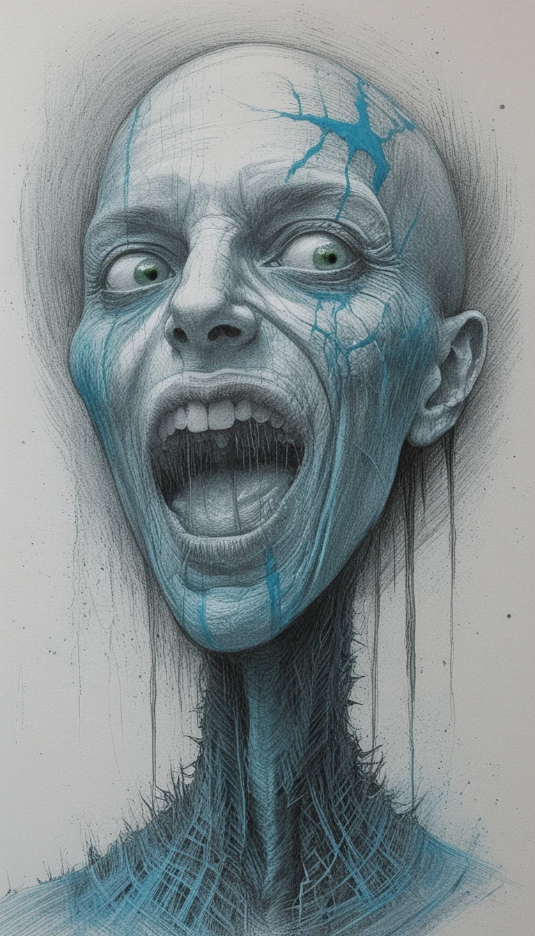 Tormented flayed head screaming in ink drawing style