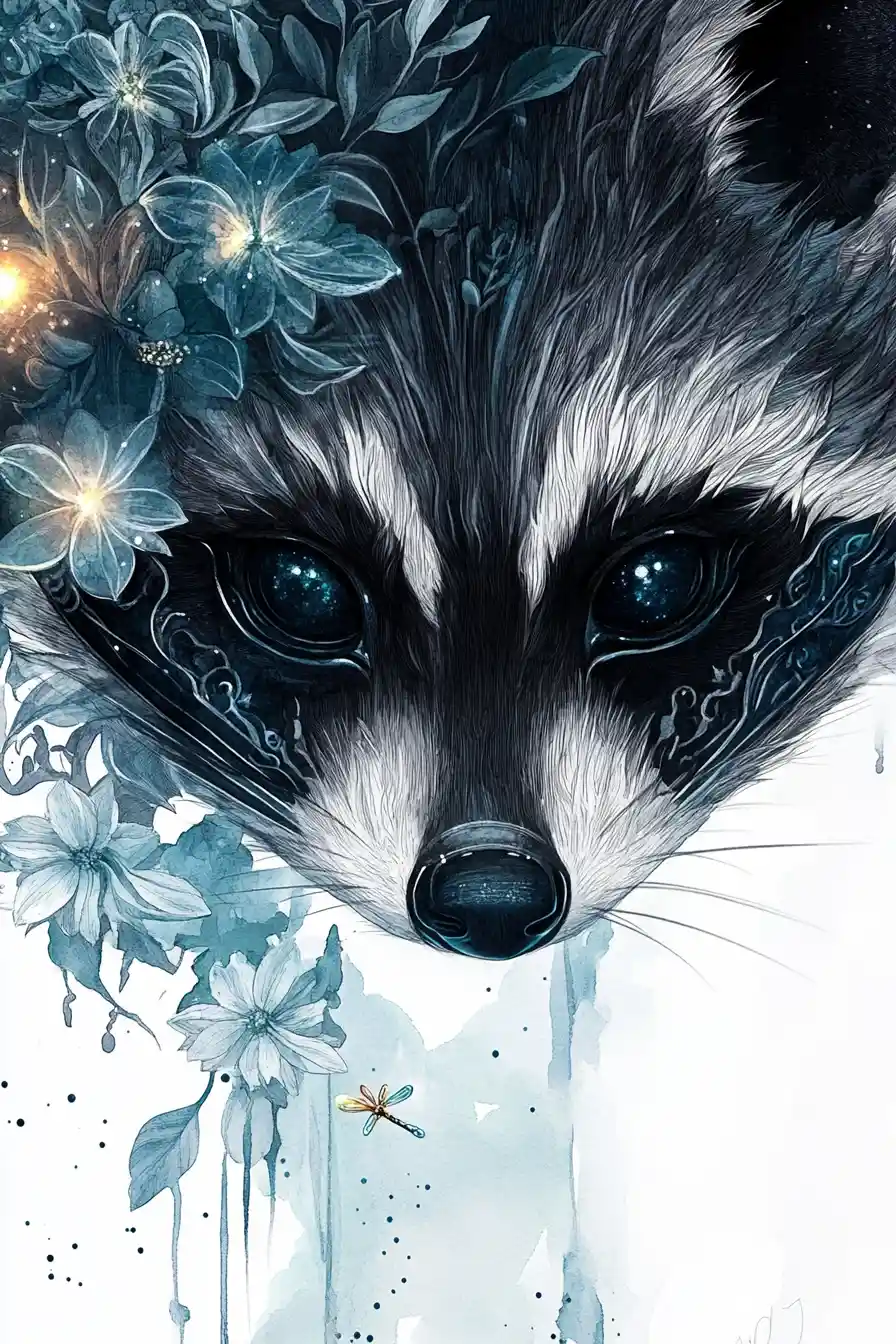 Mischievous raccoon close up with moonflowers and firefly