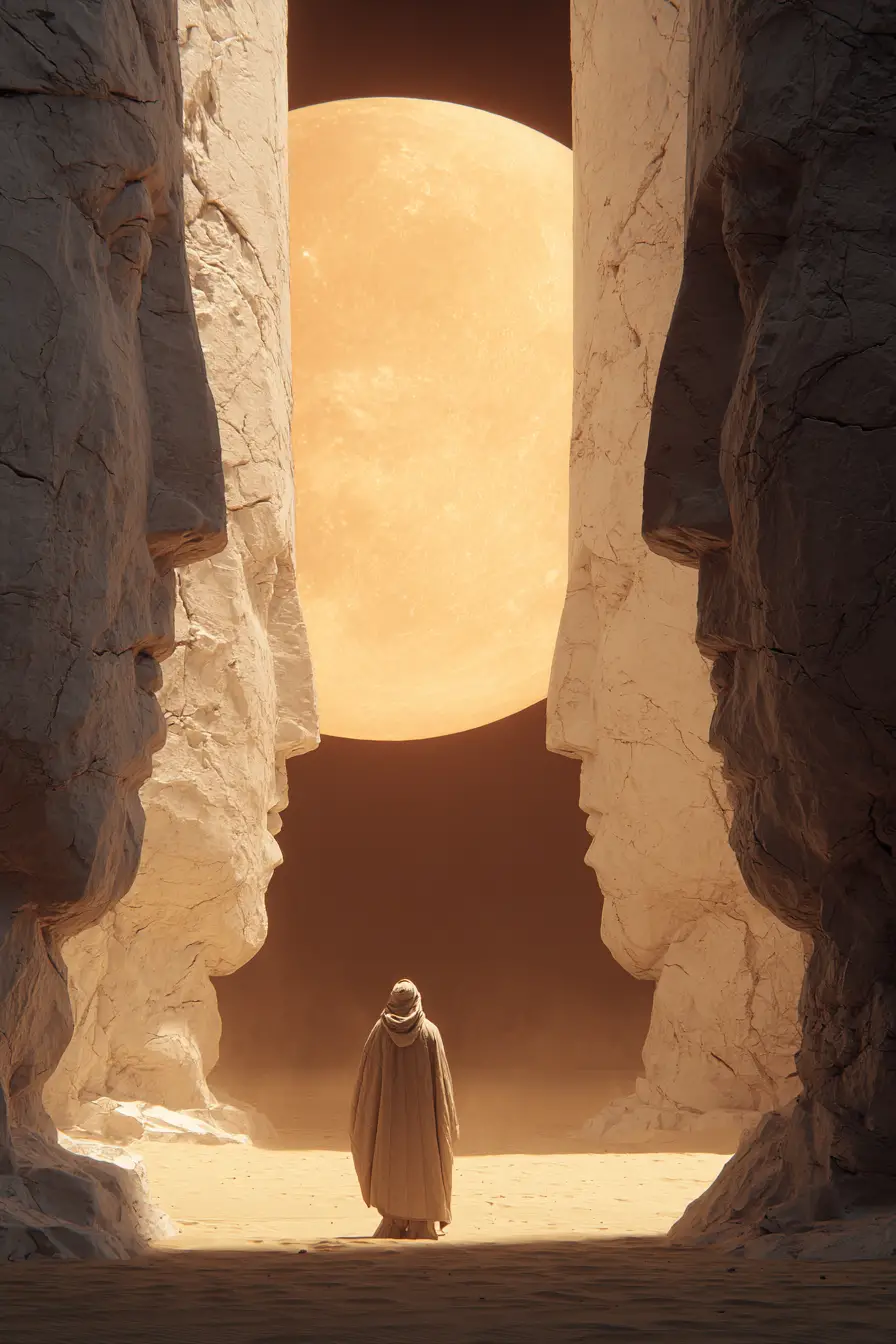 Cloaked figure facing colossal stone heads in desert gateway