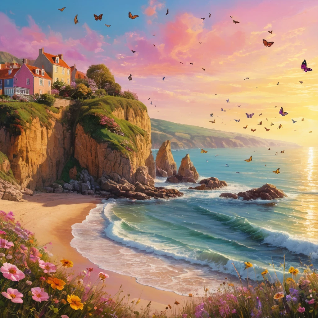 Golden sunset over a colorful coastal beach landscape