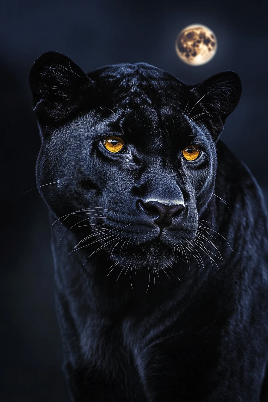 Schwarzer Panther im Close-up unter einem leuchtenden Vollmond