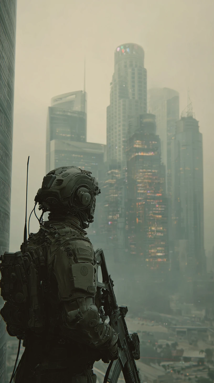 Cyborg che osserva la caotica Los Angeles futuristica del 2079