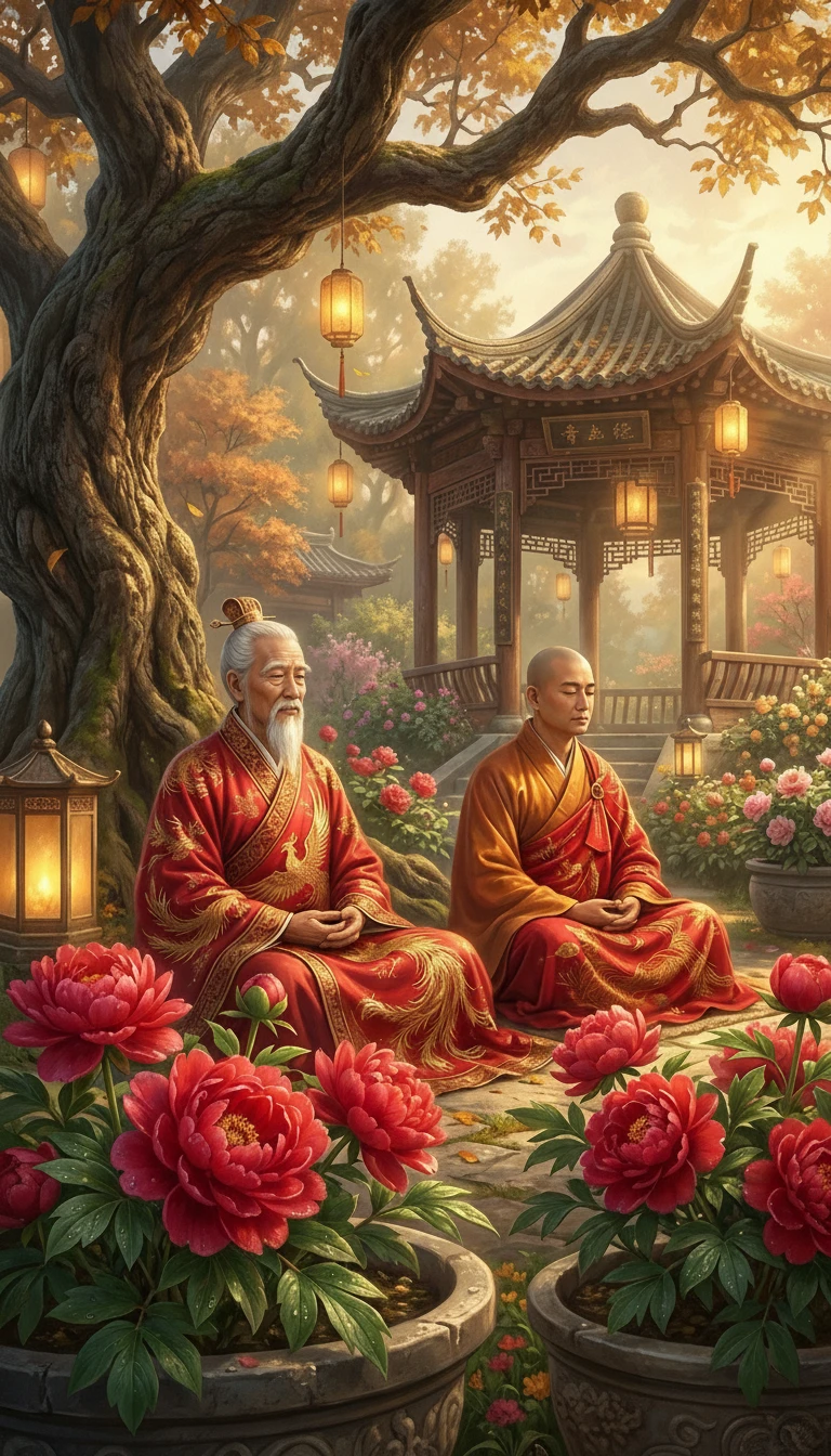 밝은 사원 정원에서 명상하는 노(老) 중국 스님
