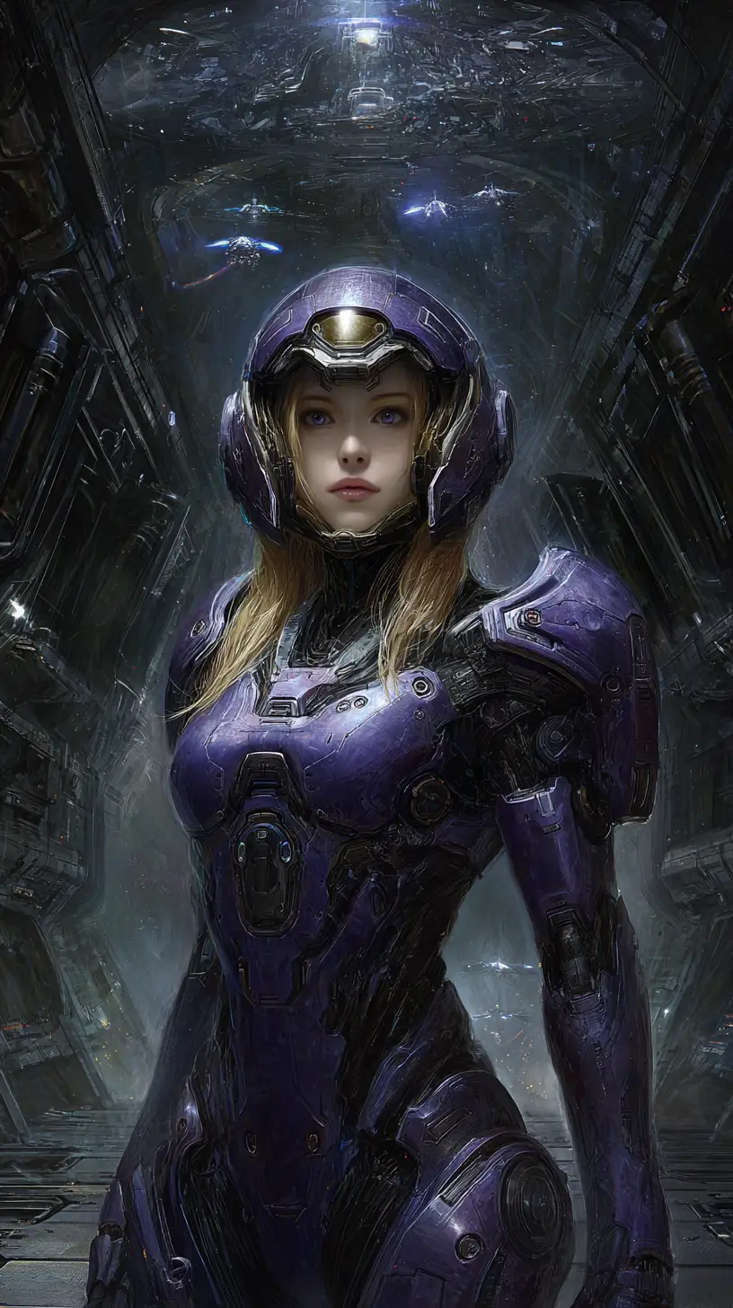 Female android warrior in purple armor in space hangar