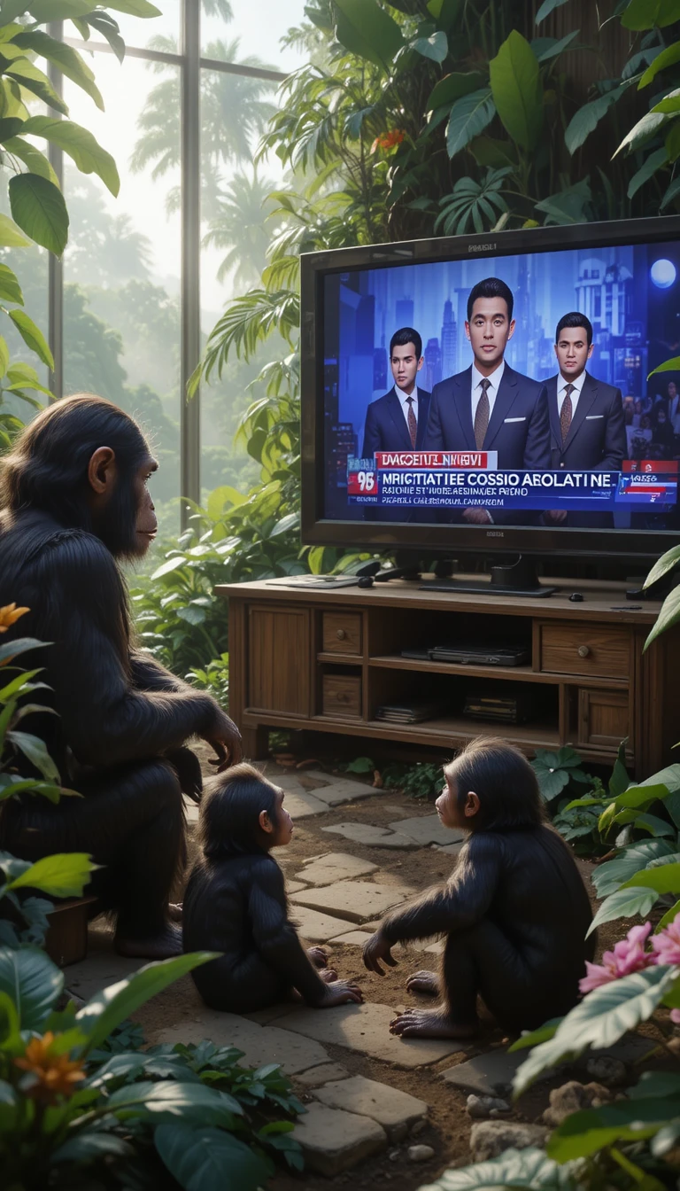 Chimpancés viendo noticias de Trump en una gran televisión en el bosque