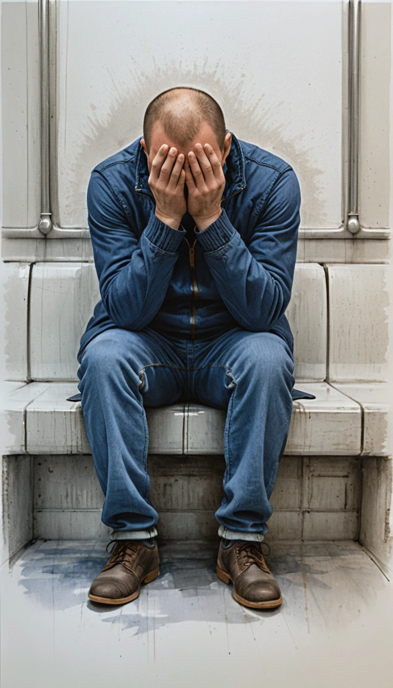 Man with head in hands on subway bench drawing