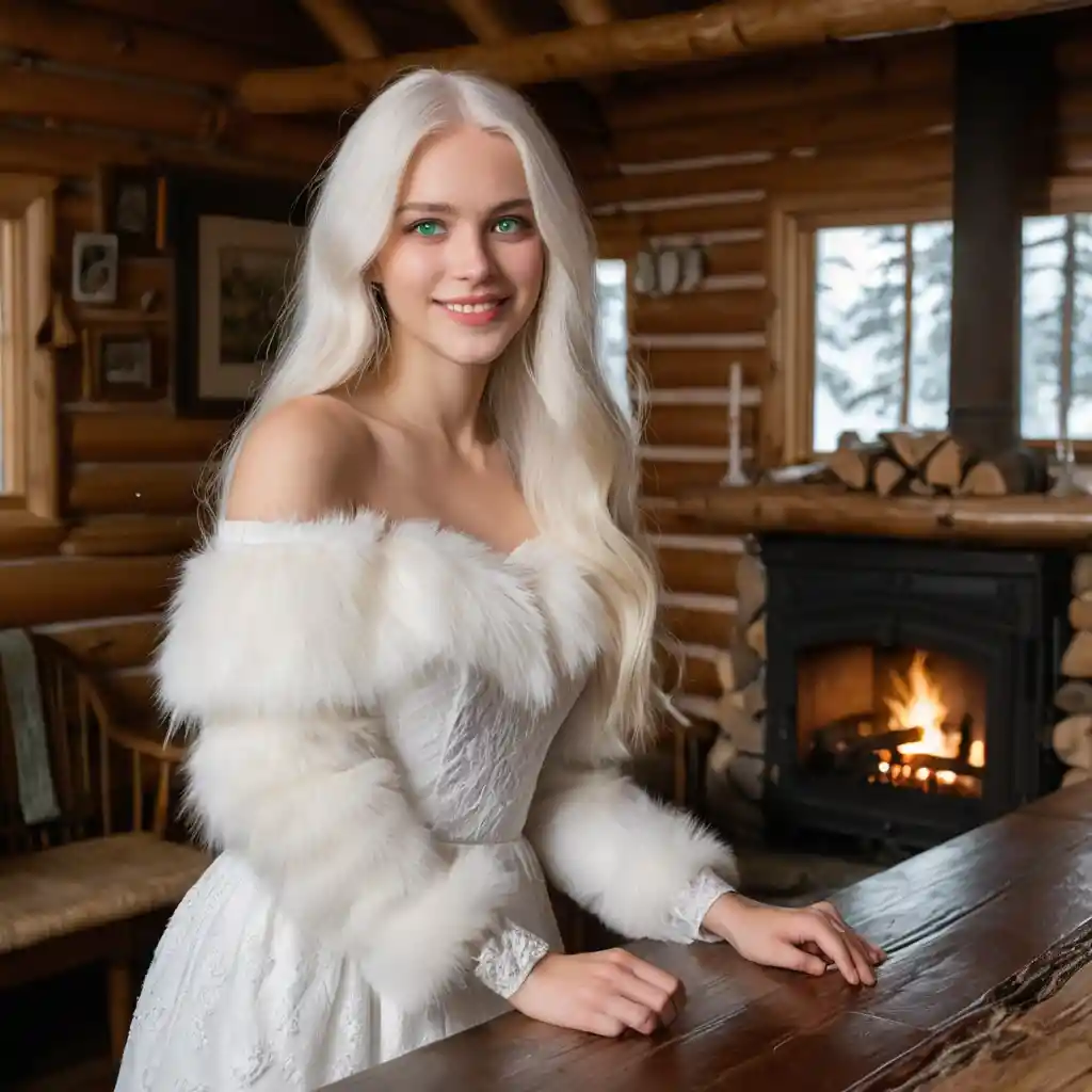 Young woman in white dress in cozy cabin interior