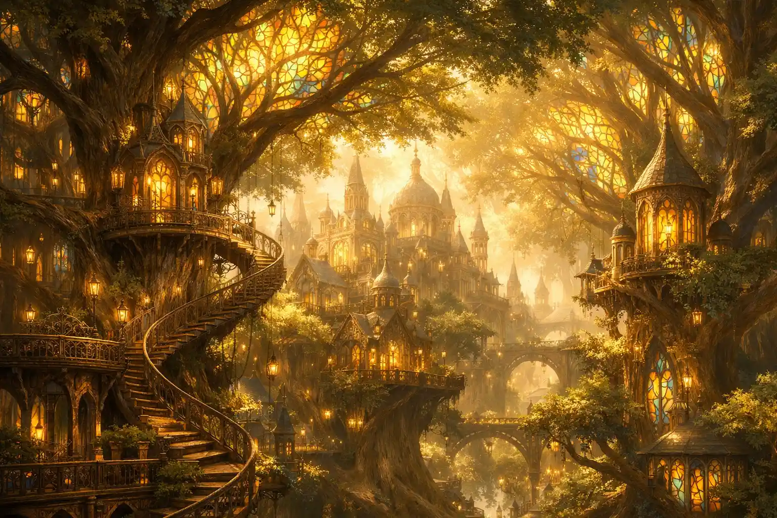 Forest canopy fused with ornate Victorian city architecture