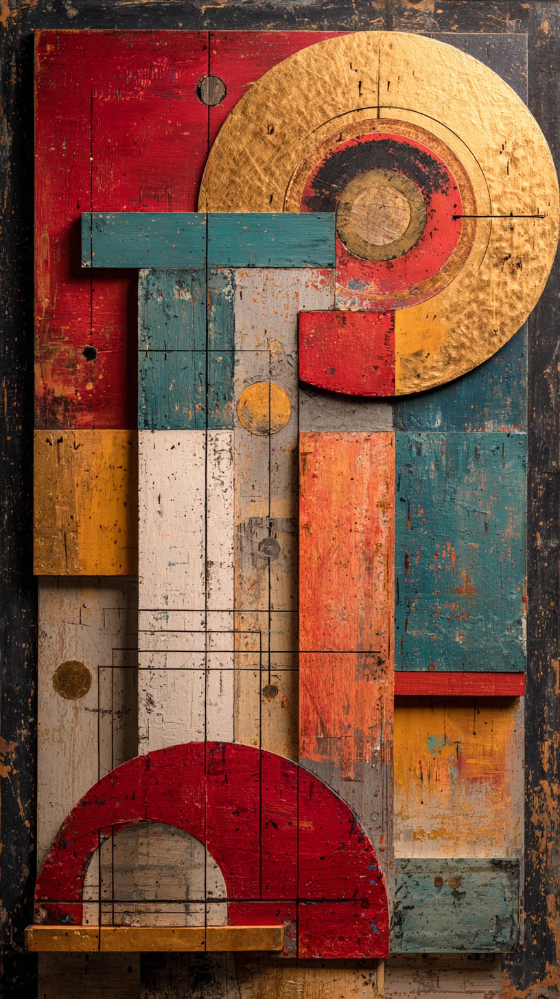 Vertical mixed media abstract with layered geometric forms
