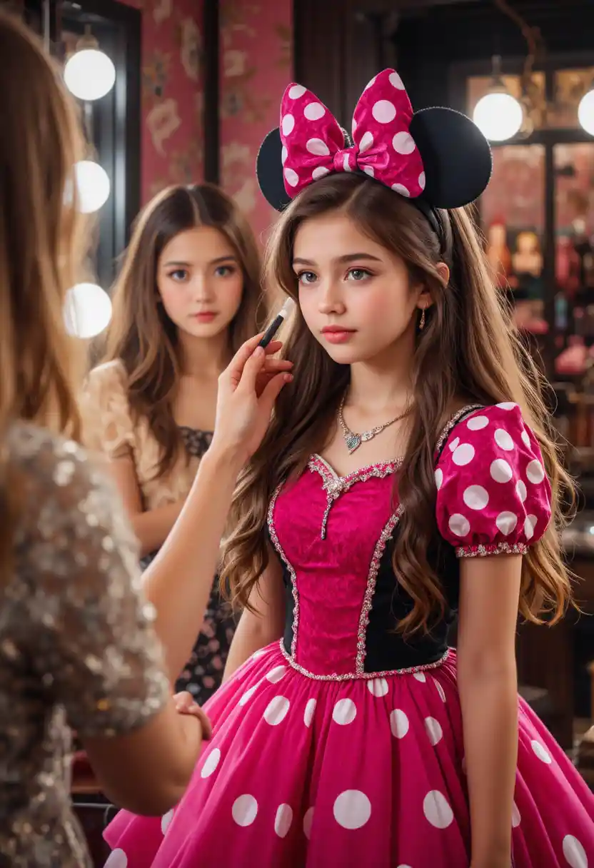 Giovane ragazzo in abito di Minnie che si trucca in camerino