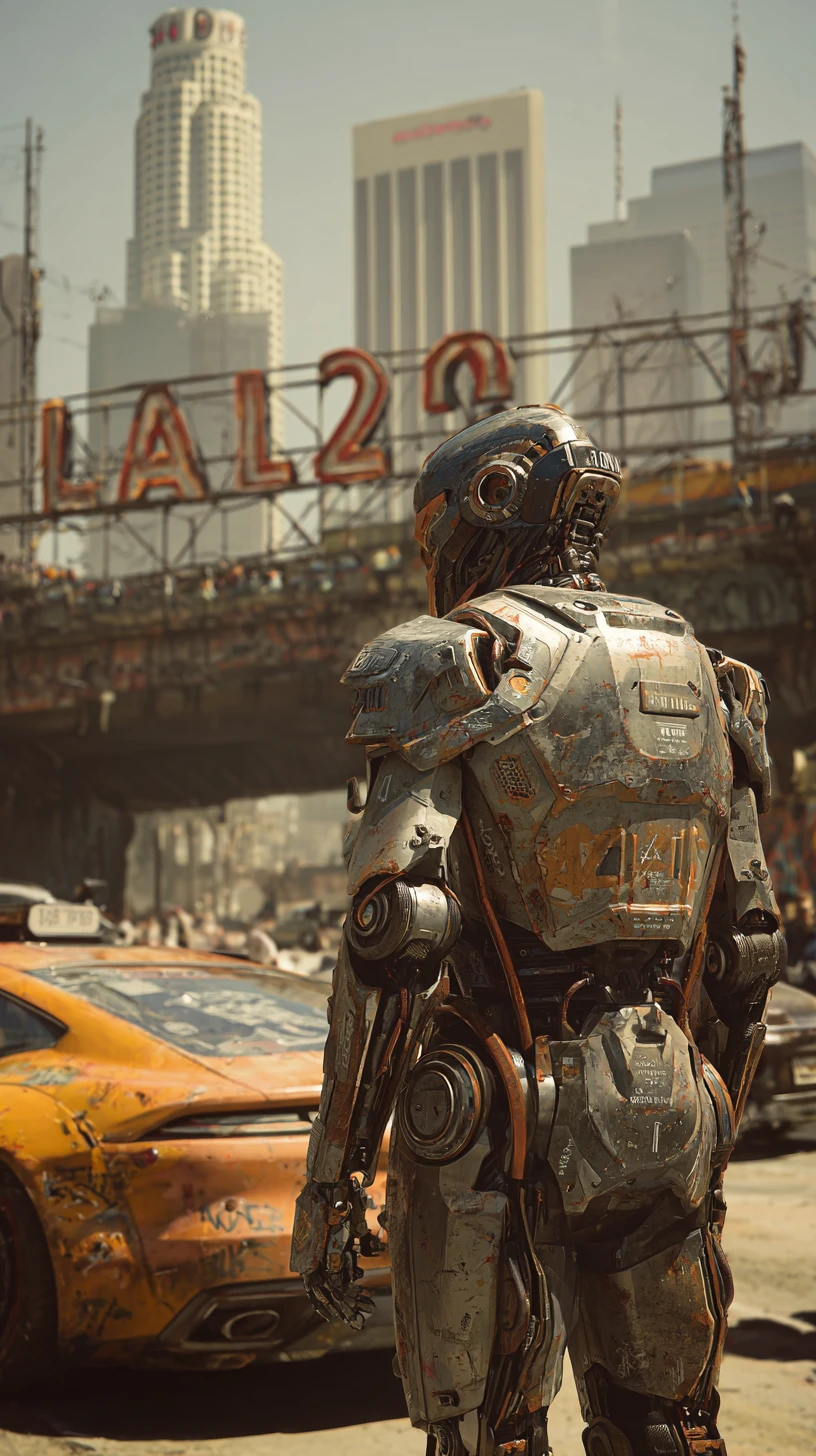 Cyborg che osserva il caotico skyline futuristico di Los Angeles