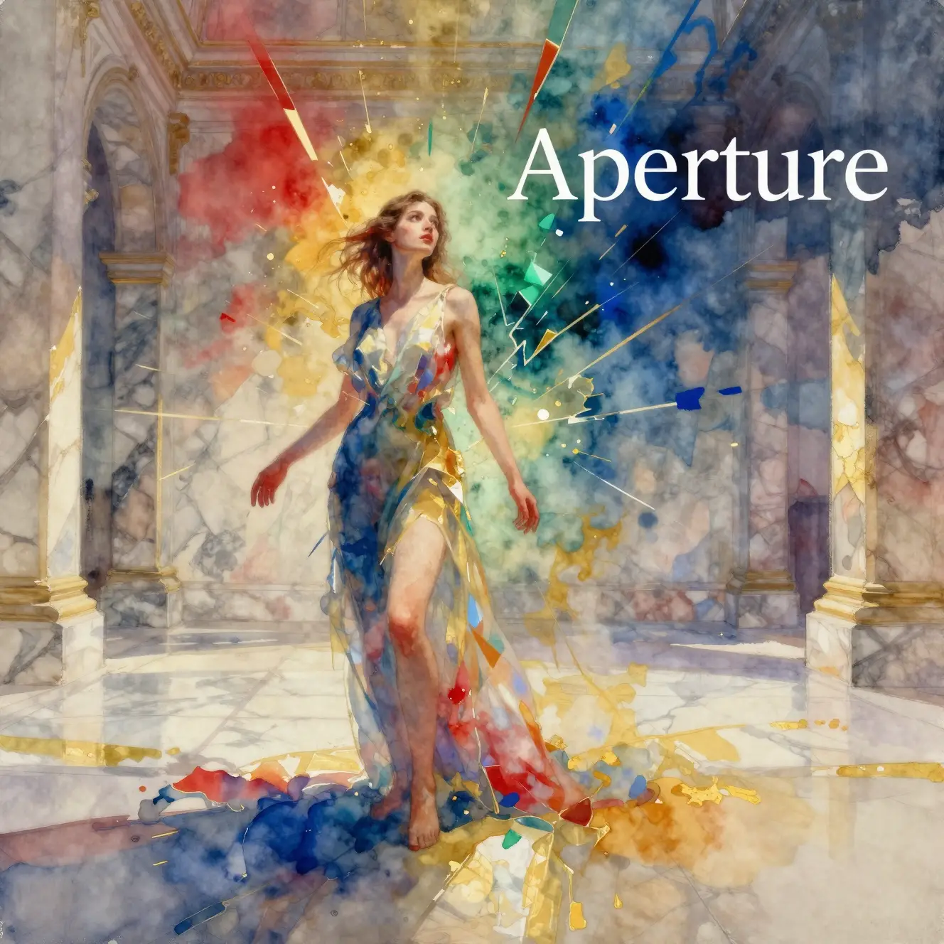 Femme en aquarelle se dissolvant dans une lumière prismatique dans un hall de marbre