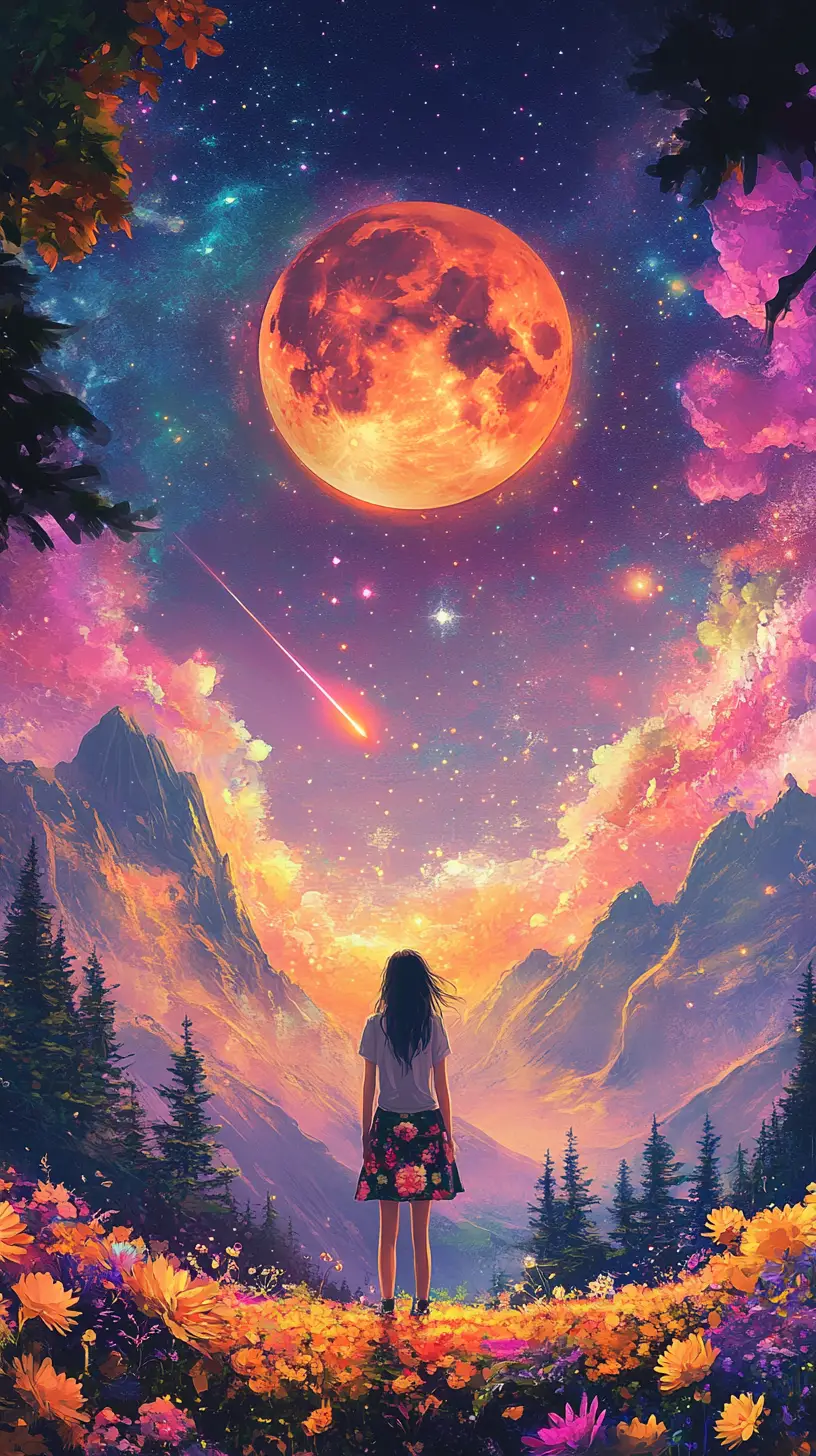 Girl on a flowered hill under a cosmic night sky