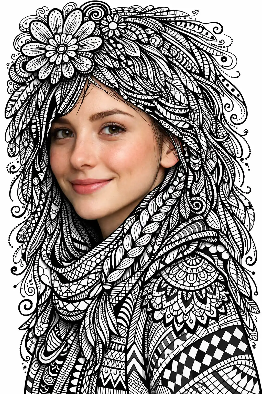 Mixed media portrait of a young woman with doodled hair