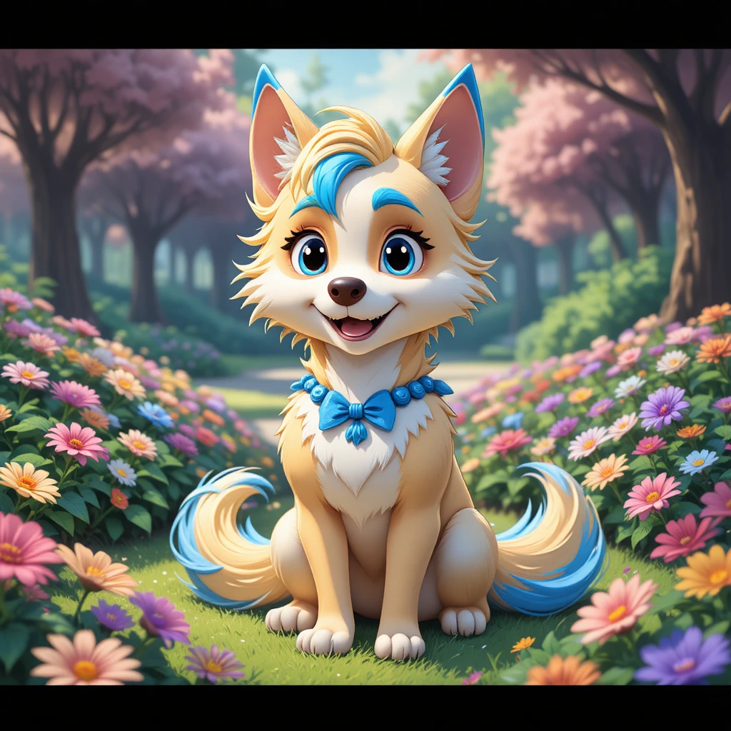 Cão de desenho animado com cabelo colorido sentado em parque florido e iluminado