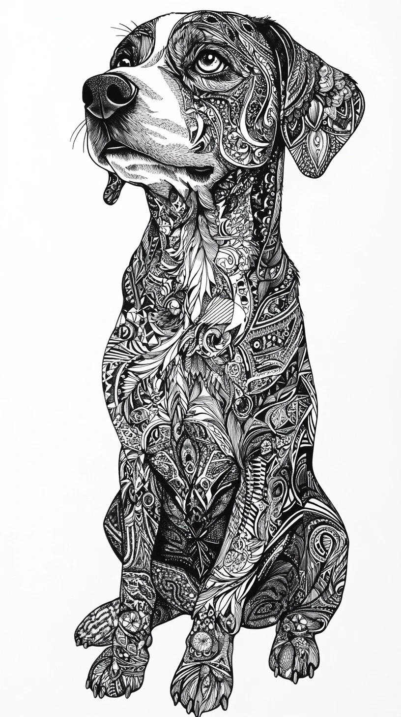 Illustrazione di cane in bianco e nero con intricati motivi geometrici