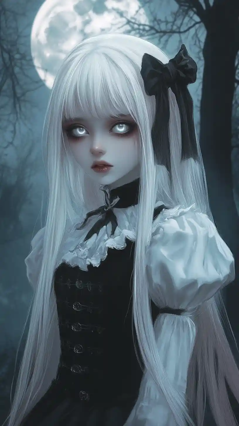 Ragazza anime spettrale che brilla in una foresta gotica al chiaro di luna