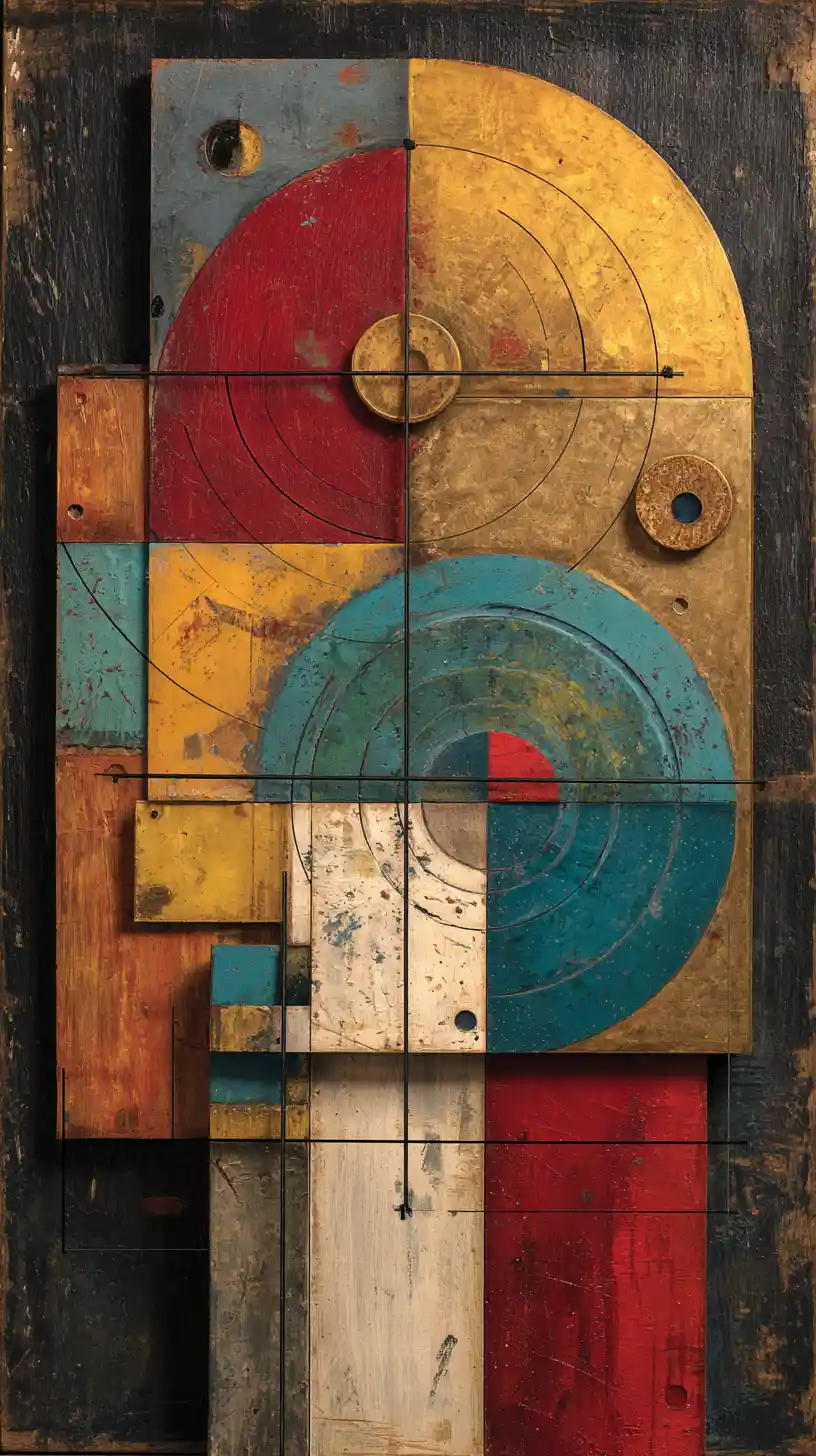 Vertical mixed media abstract with layered geometric forms