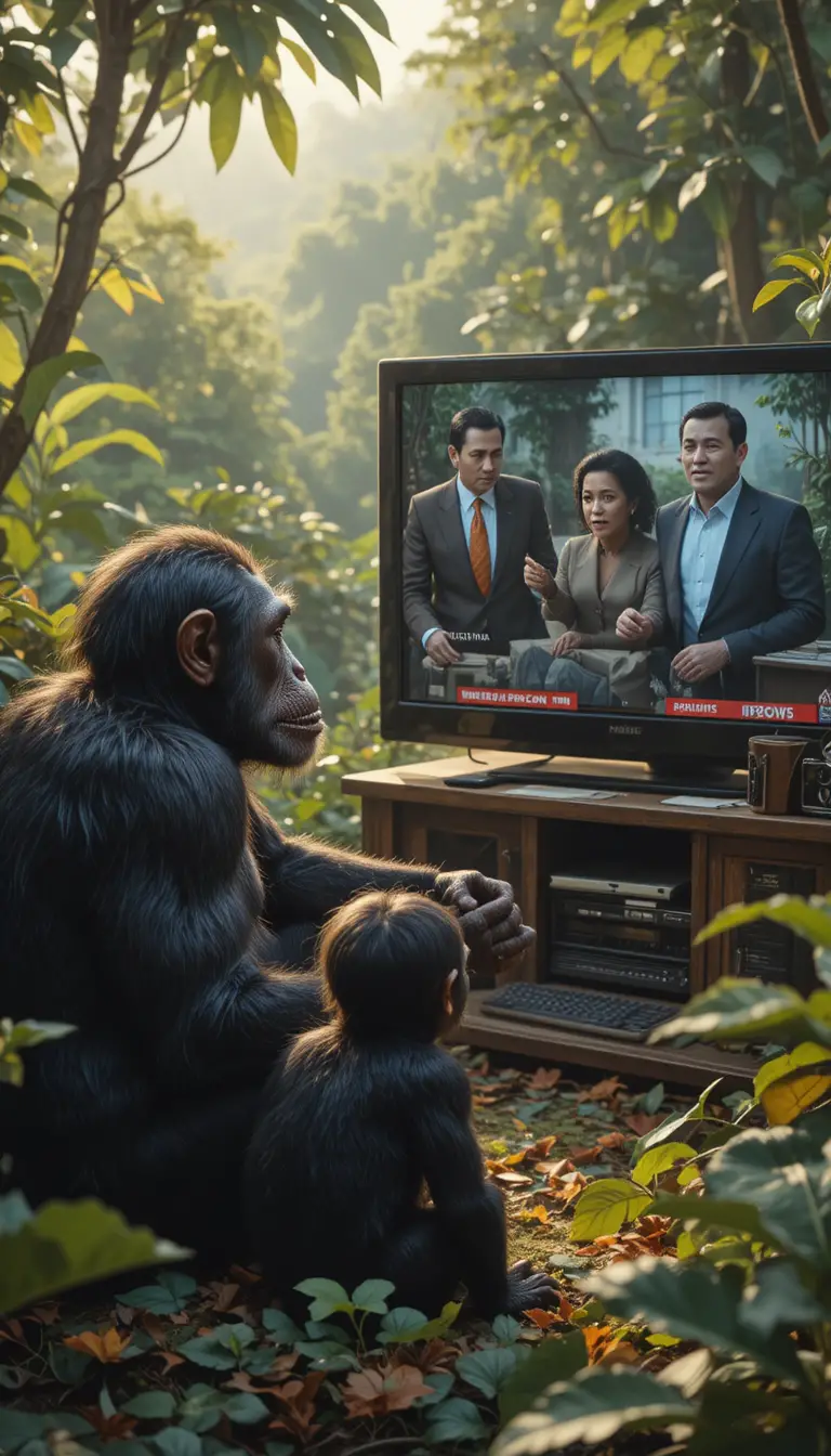 Des chimpanzés regardent des actualités humaines sur une grande télévision en pleine forêt