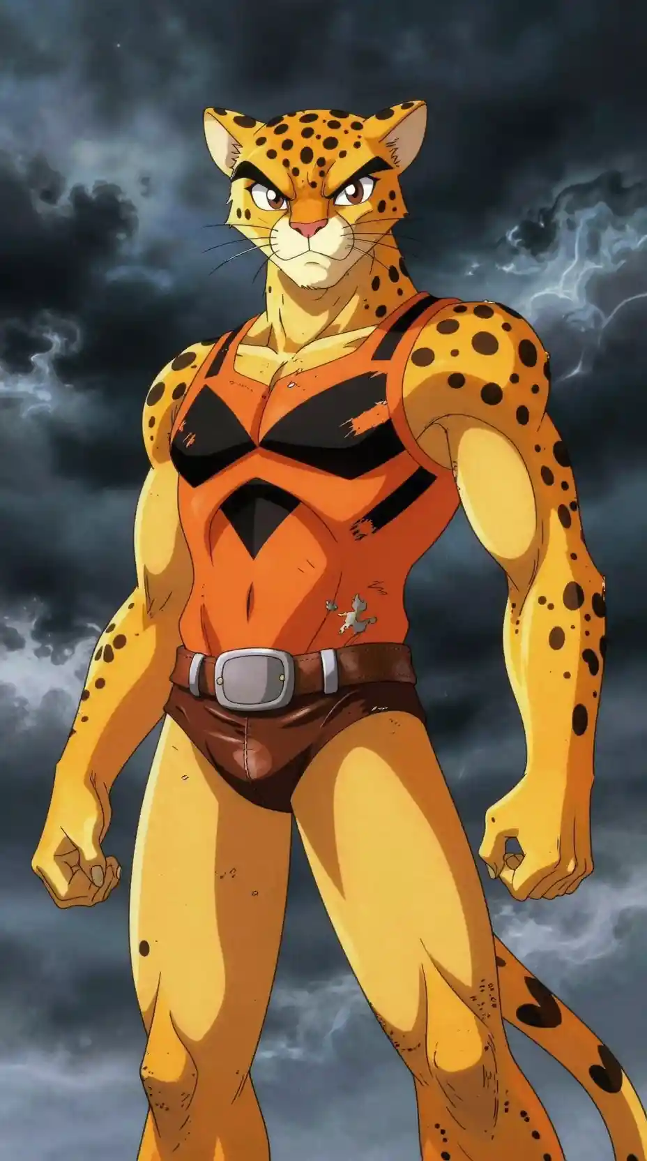 Feroz guerrera felina de anime bajo un cielo tormentoso