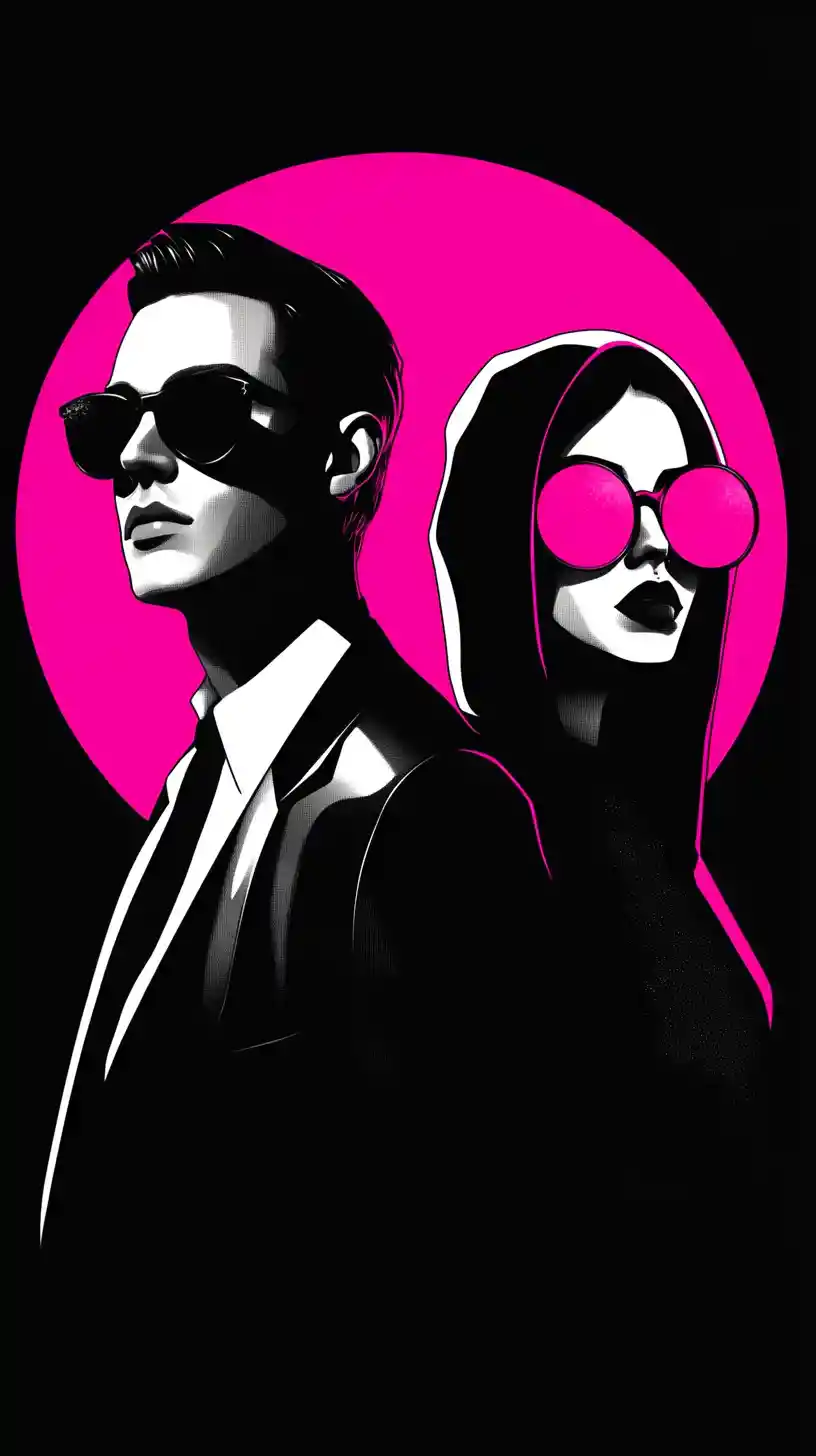 Silhouette noir sotto un sole neon magenta in stile vettoriale