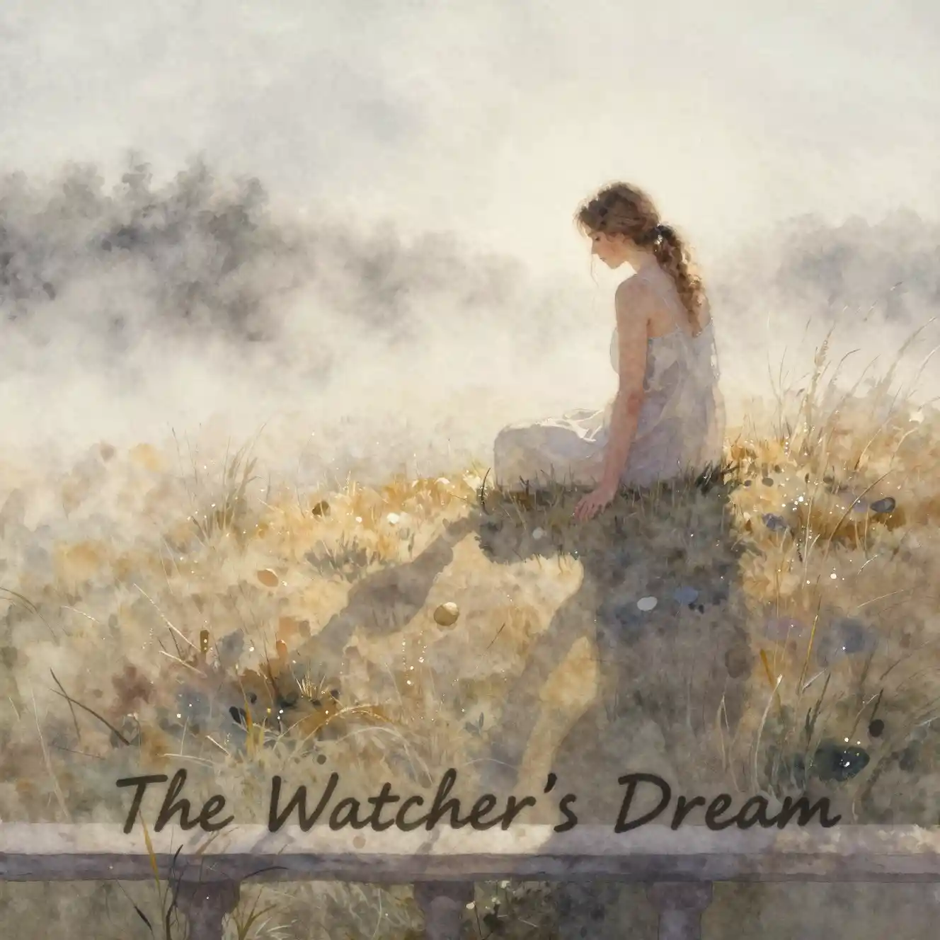 Young woman in watercolor on a misty hill at dawn