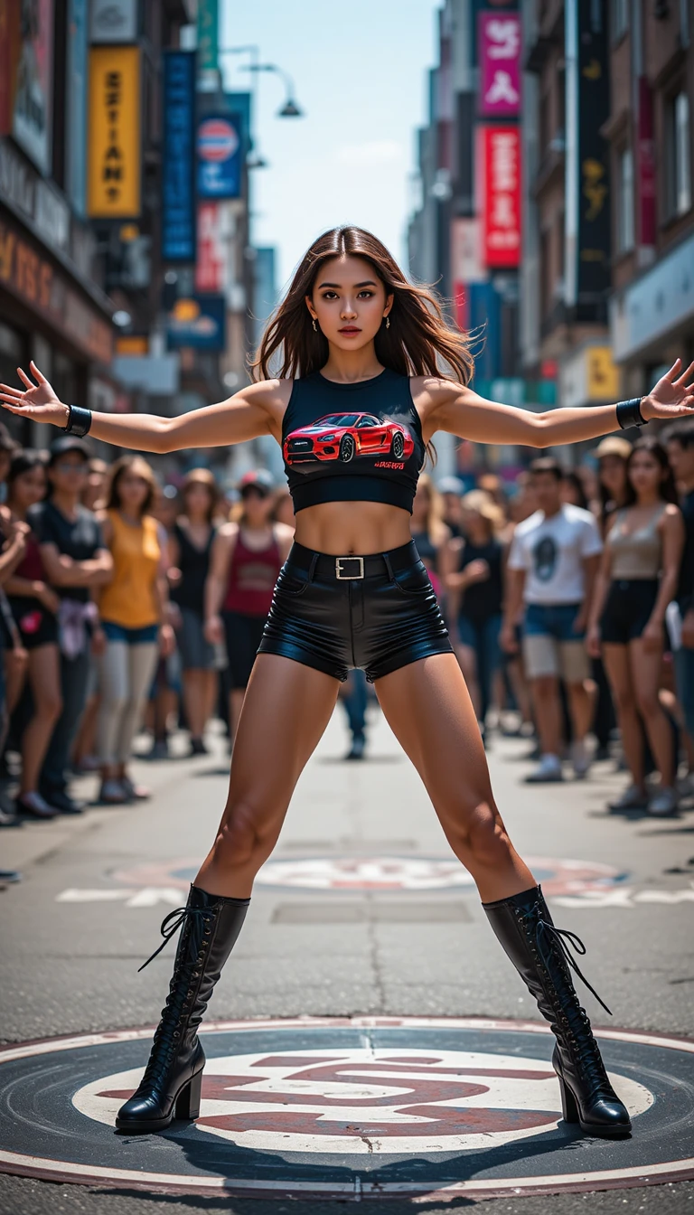 Dançarina de street dance confiante em pose com moda urbana ousada
