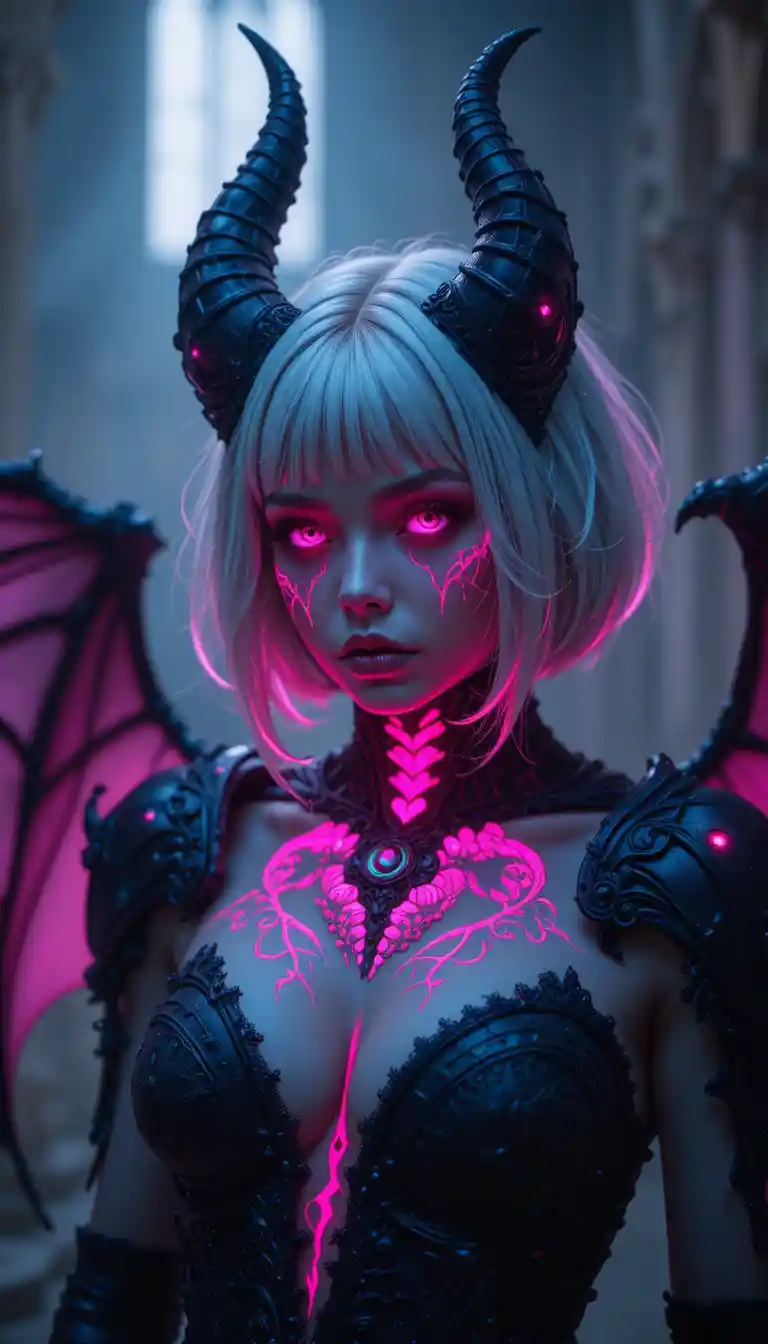 Ritratto di demone gotica con corna al neon e ali da pipistrello