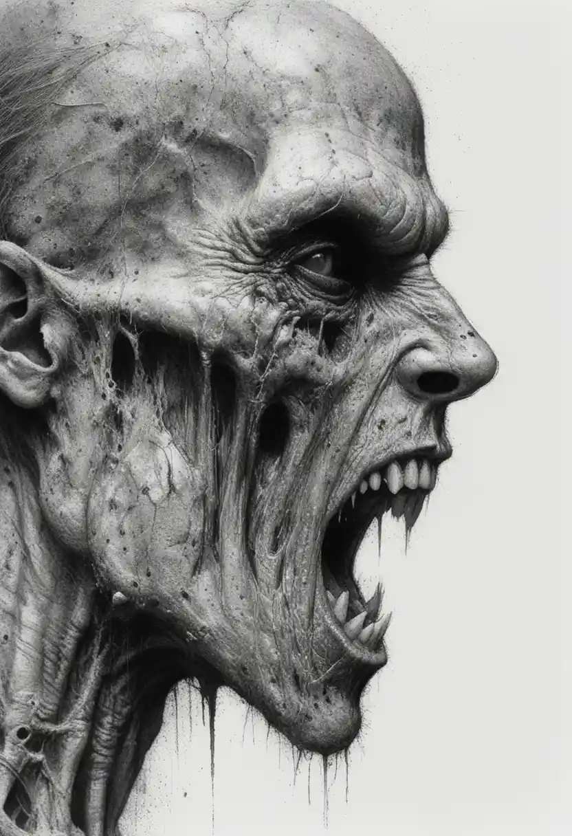Perfil grotesco de vampiro gritando en primer plano extremo