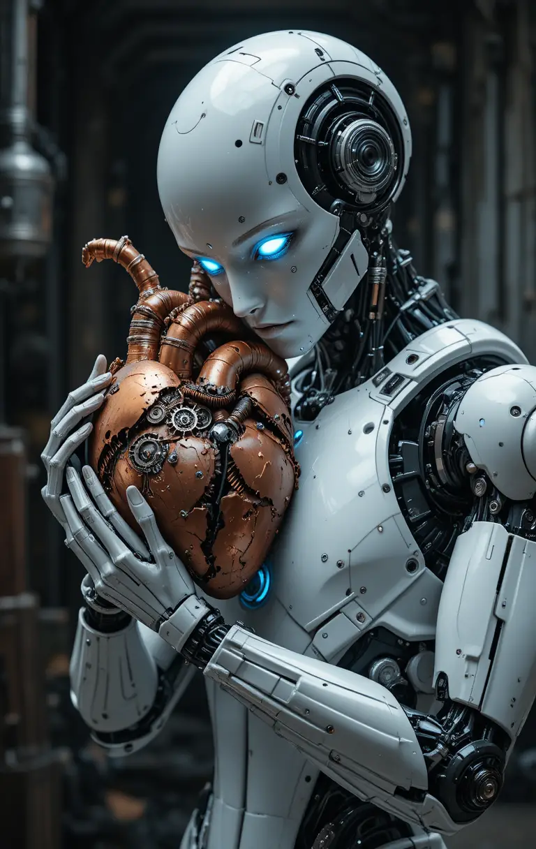 Robô humanóide segurando um coração mecânico danificado