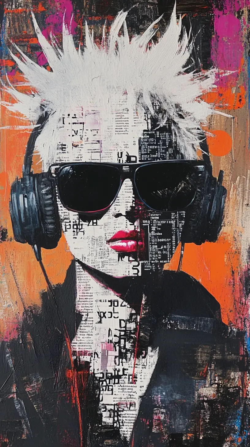 Portrait with white spiky hair sunglasses and headphone details