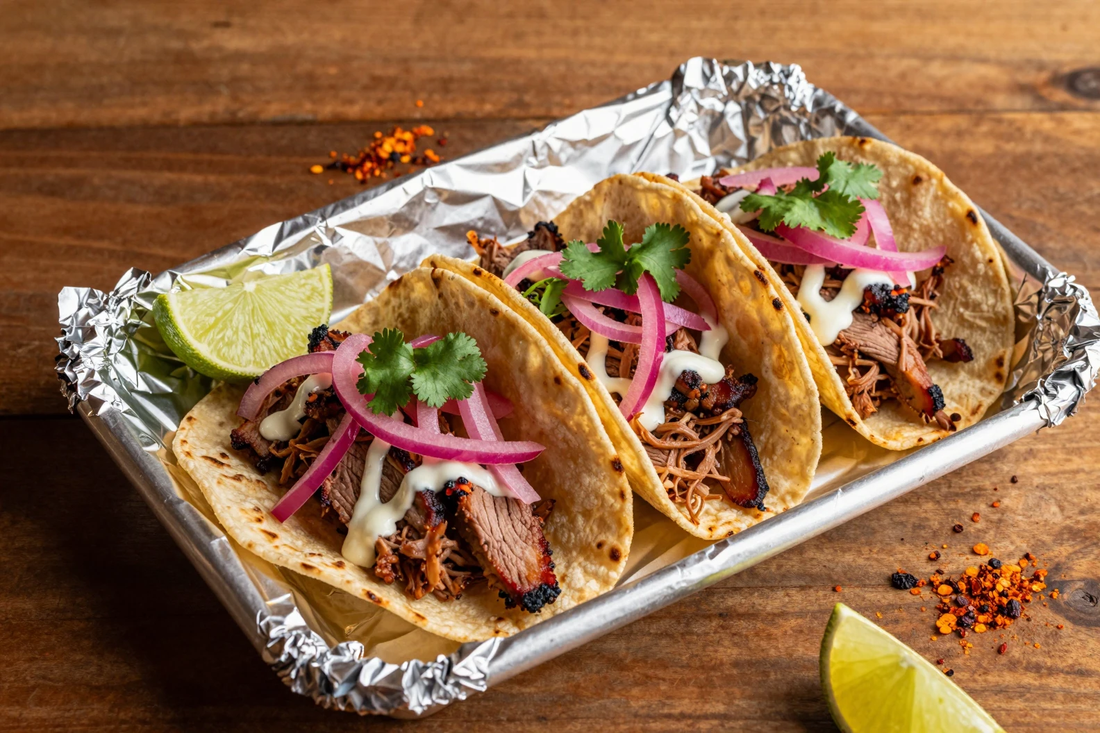 Street-Style-Schweinefleisch-Tacos auf Folie im warmen Licht