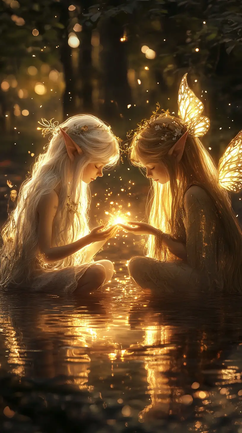 Madre e hija elfas junto a un arroyo luminoso del bosque