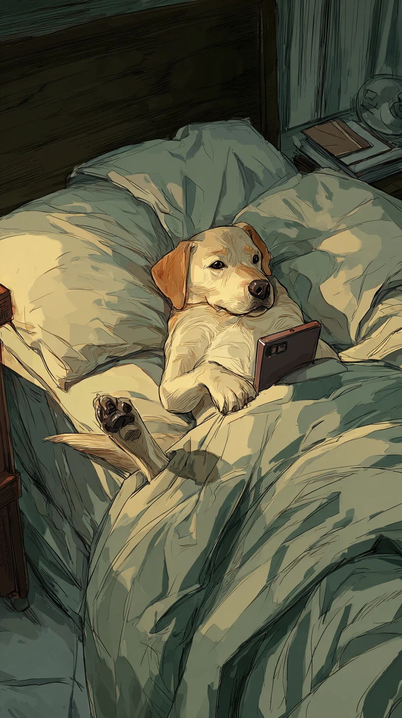 Cagnolino felice che usa il telefono mentre si rilassa a letto