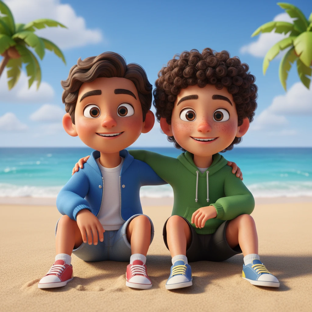 Dos niños 3D con diseño de personaje consistente al estilo Pixar