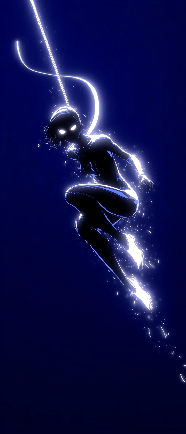 Cyber ninja woman flipping through a dark empty void