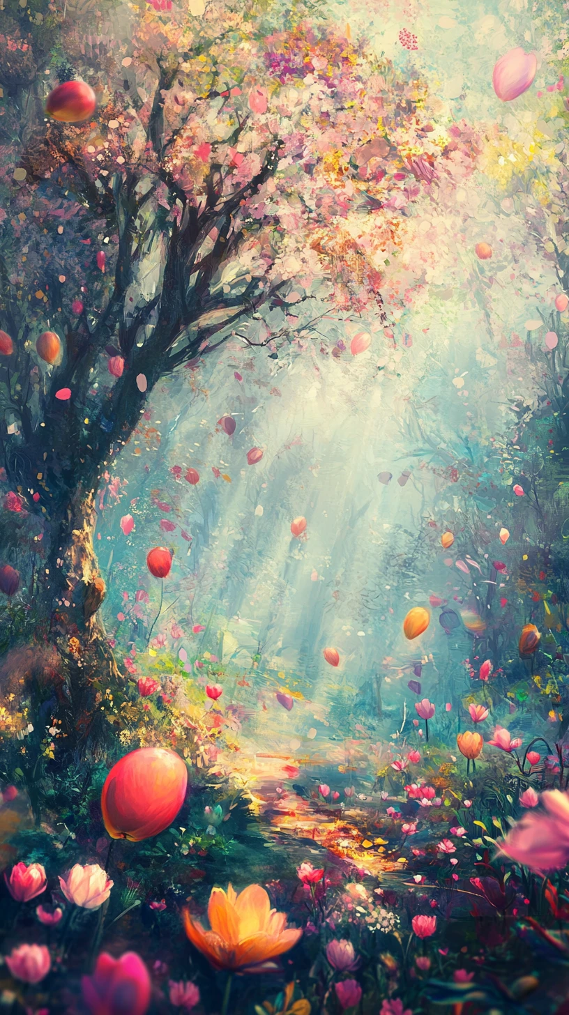 Bright apple tree glowing in a misty whimsical forest
