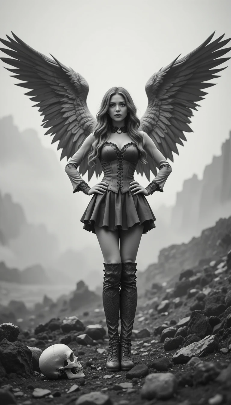 Mujer alada como ángel en escena rocosa y neblinosa en blanco y negro