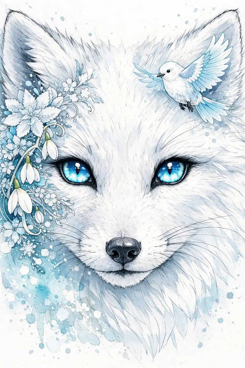 Porträt eines Polarfuchses mit eisblauen Augen in Aquarell und Tinte