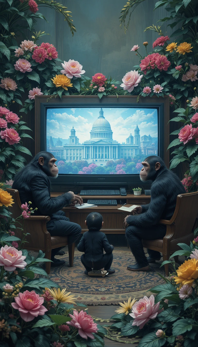 Chimpancés viendo política en una gran pantalla de televisión en el bosque