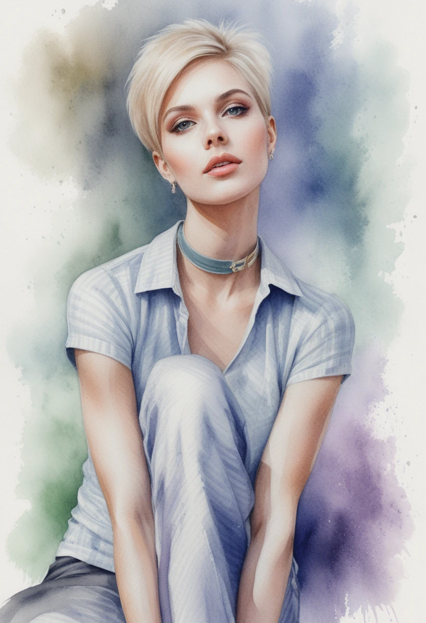 Glamorous woman with pixie cut in soft pink outfit