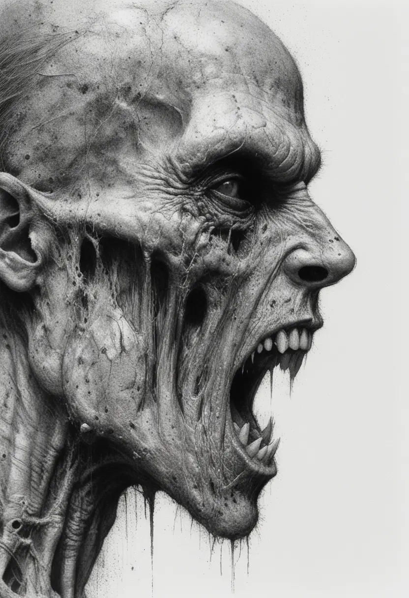 Grotesque vampire profile screaming in harsh close up